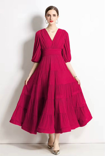 Solid Tiered Long Dress - Red
